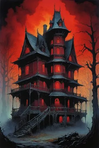 Haunted house, Scary building, Scary-Looking Structures, red lignts, Envision structures that evoke an atmosphere of dread and mystery, buildings, dark, dangerous,,a large building with red lights and