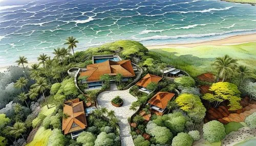 this drawing is called painting of a tropical landscape,seaside resort,aerial view of beach,beach resort,resort,the island,holiday villa,beachfront,oceanfront,bird's-eye view,aqua studio,golf resort,g