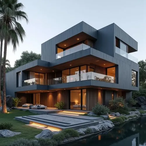 A hyper-realistic, high-resolution architectural photograph of a multi-level, contemporary luxury residence featuring a sleek, geometric design. The exterior is composed of smooth, matte charcoal-gray