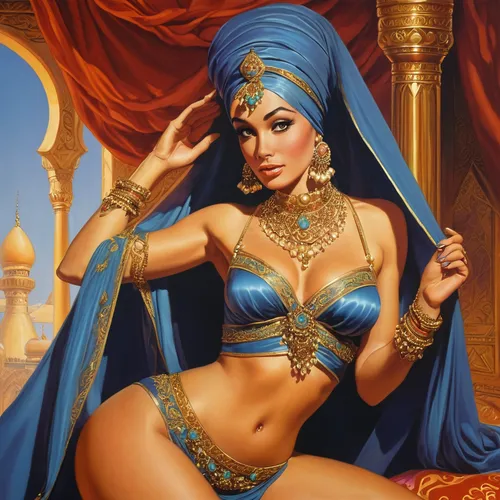 a female sex character resembling the genie from the sitcom "I Dream of Jeannie" wearing her odalisque outfit with veils,orientalism,arabian,cleopatra,rem in arabian nights,belly dance,oriental prince