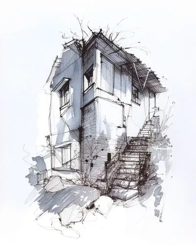 a drawing of a house with stairs and railings,house drawing,shinkawa,houses clipart,house shape,hashima,miralles