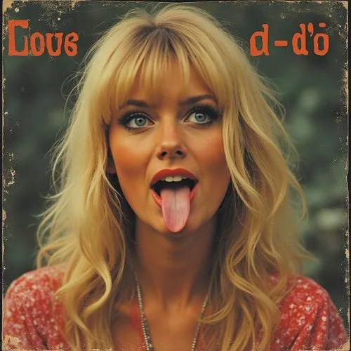 a blonde haired woman sticking out her tongue,dos,duff,three d,letter d,cover,dolly,dido,adore,love angel,love carrot,ac dc,lovestruck,diet icon,do,declaration of love,doz,ado,love heart,allover,chant