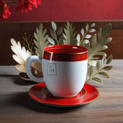 tabak ve fincan türk motifli ,alt kısmı ahşap masa, dalların üstünde kırmızı  çiçek açmış,coffee tumbler,santa mug,gingerbread cup,gingerbread jar,coffee cup sleeve,consommé cup,tea infuser,coffee mug