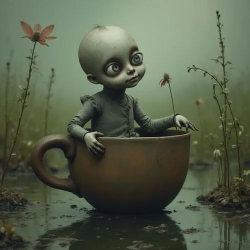 Eine ausgefallene und faszinierende Szene inszeniert eine kleine Puppenfigur mit übermessten Augen und blasshäutig, die in einer alten rostigen Tasse sitzt. Sein dunkles, makuiertes Make-up lässt Trän