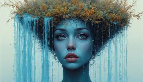 A detailed digital illustration of an enigmatic woman, her face adorned with a cascading waterfall of blue, white, and brown, perched on her head. The piece is drawn with a high level of detail, captu