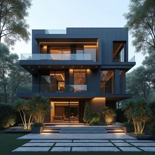 A hyper-realistic, high-resolution architectural photograph of a multi-level, contemporary luxury residence featuring a sleek, geometric design. The exterior is composed of smooth, matte charcoal-gray