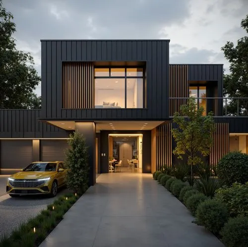 A modern black house with vertical and horizontal wooden slats accenting the facade. The landscaping features neatly trimmed shrubs and a sleek driveway leading to a luxury car. Warm interior lighting