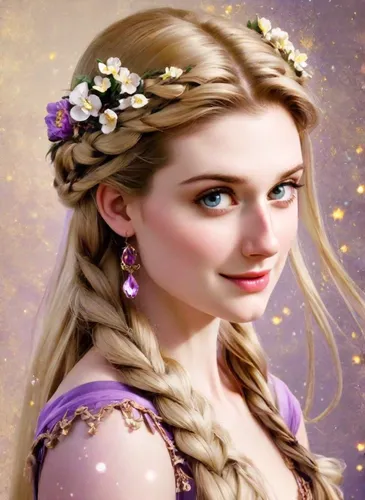 long blonde hair with braids, Rapunzel, Disney princess, flower headpiece, light purple dress,rapunzel,princess anna,jessamine,princess' earring,fairy tale character,celtic queen,violet head elf,princ