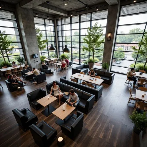A high-angle view of an open-space coffee shop with black leather sofas, large windows, and concrete floors in the background. People working on laptops at tables. Modern architecture, natural light.