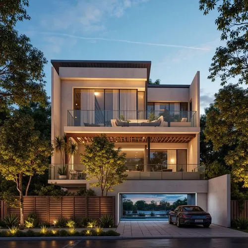 modern villa, swimming pool, teak wood pergola, living room with warm lighting can be seen inside thru a vitrocsa minimalist large windows with partially covering blinds, the fence is made of painted 
