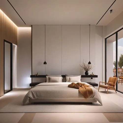a large bed sitting in the middle of a bedroom,modern room,interior modern design,contemporary decor,sleeping room,modern minimalist lounge,modern decor,bedroom,minotti,bedrooms,great room,guest room,