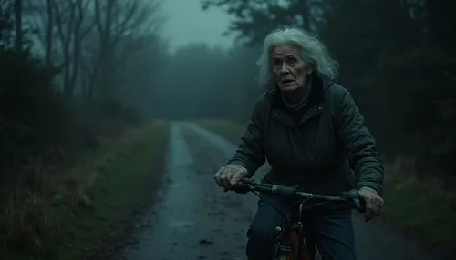 dark random scene from horror movie,country,rednex,old woman on bike,an old woman riding a bike down the road,haneke,woman bicycle,wallander,annaud,abrahamsen,bicyclist