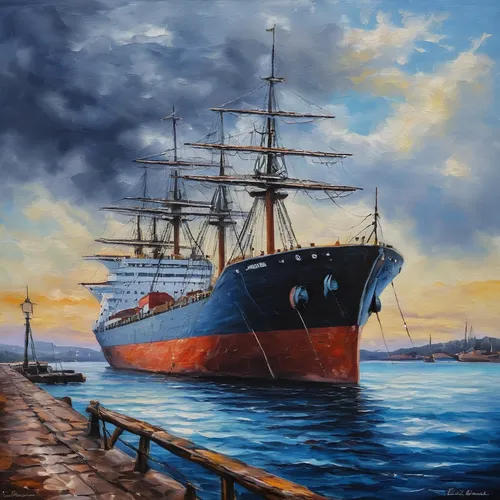 Ship at Port Oil Painting,arthur maersk,royal mail ship,arnold maersk,training ship,tall ship,tallship,three masted sailing ship,naval trawler,museum ship,sea sailing ship,full-rigged ship,sail ship,o