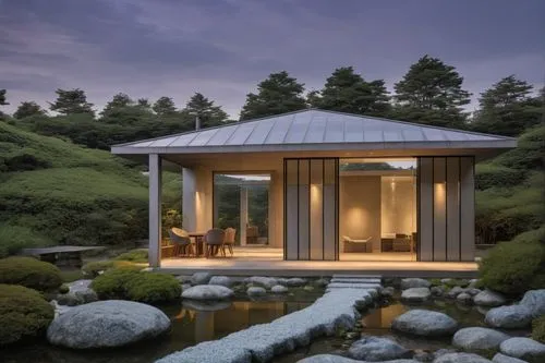 Japanese Zen Garden,japanese architecture,japanese-style room,summer house,japanese zen garden,japan garden,zen garden,grass roof,japan's three great night views,ginkaku-ji,cooling house,japanese gard