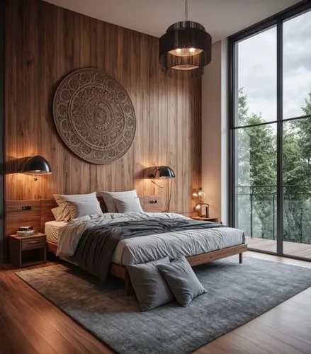 the large bed is made with several pillows,modern room,bedroom,modern decor,sleeping room,headboards,contemporary decor,wooden wall,interior modern design,wood window,great room,japanese-style room,in