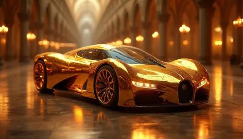 "Futuristic golden sports car concept, luxury supercar, ornate cathedral interior, cinematic lighting, high-end 3D visualization --v 6",the gold bug bug sports car sits on the floor,gold colored,gold 
