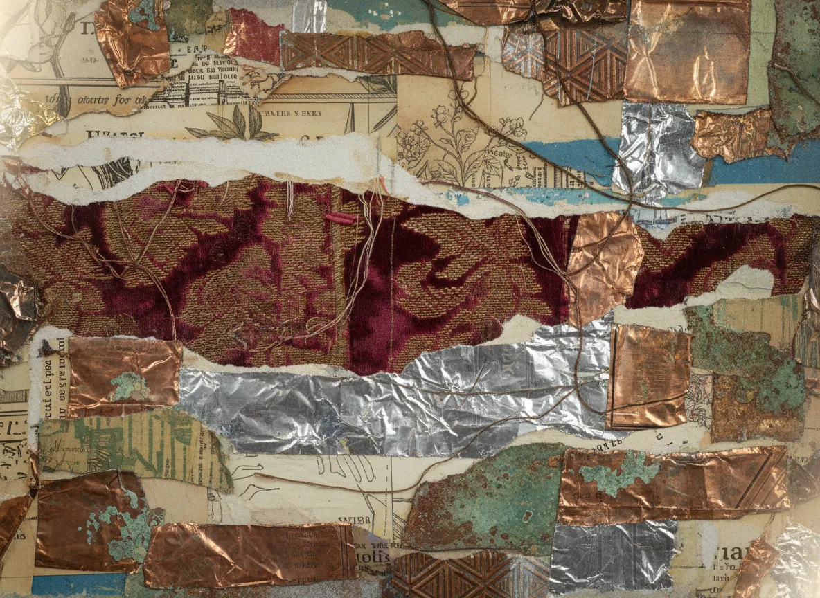 A close-up view of a detailed AI collage, highlighting the realistic textures of paper, fabric, and metallic foil seamlessly blended together.