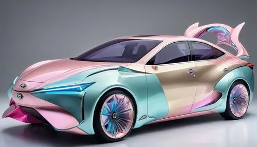 Crazy futuristic car design with huge spoilers, glowing skirts, neon lights, metallic cover, toyota carina concept,hydrogen vehicle,volkswagen beetlle,futuristic car,concept car,sustainable car,cartoo