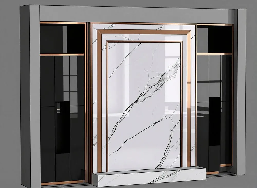 a digital rendering of a room with multiple mirrors