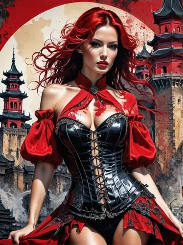 double exposure, upper body, multi media art|complex art|comic art|vector art by GIGER and Luis Royo and JIM LEE, upper body drawing, red baroque dress, (best quality,4k,8k,highres,masterpiece:1.2),ul