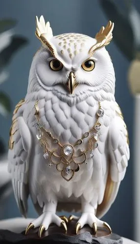 an elaborate statue has a white owl holding a necklace,kawaii owl,boobook owl,owl background,owl,ovo,owl art