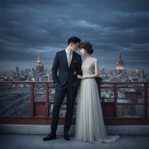 Elegant couple poses at a sophisticated city rooftop,romantic portrait,vintage couple silhouette,wedding photography,wedding photo,pre-wedding photo shoot,wedding photographer,wedding couple,roaring t