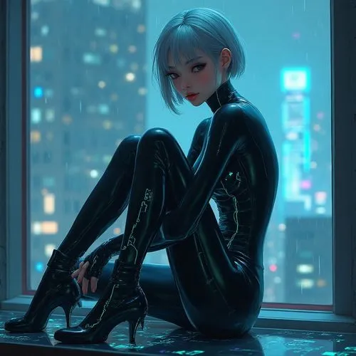 a female in latex sits on a window sill in the rain,synthetic,cyan,nightclothes,rooftop,windowsill,aqua,city lights,catsuit,luminous,domino,neon light,xiii,persona,dark suit,cityscape,nightlife,window
