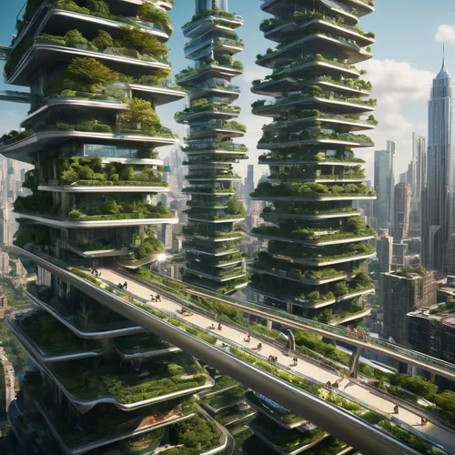 Design a sprawling, futuristic metropolis suspended in mid-air. Incorporate intricate networks of walkways, towering skyscrapers, and lush green spaces. Consider how gravity-defying structures and tra