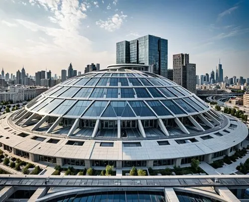  building color with futuristic architectural modern ,the large glass dome on top of a modern building is shown,roof domes,futuristic architecture,musical dome,futuristic art museum,marina bay,superst