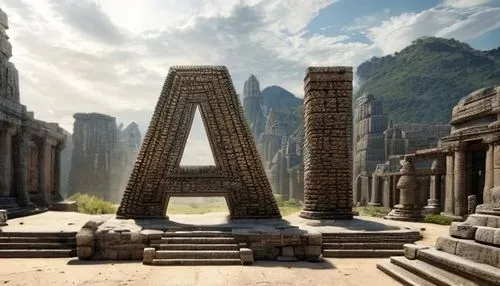 a large, artistic letter set in an ancient ruins,the letters of the alphabet,alphabets,the ancient world,alphabetic,alphabet word images,ancient city,the ruins of the,alphabet,alphabetical,alphabet le