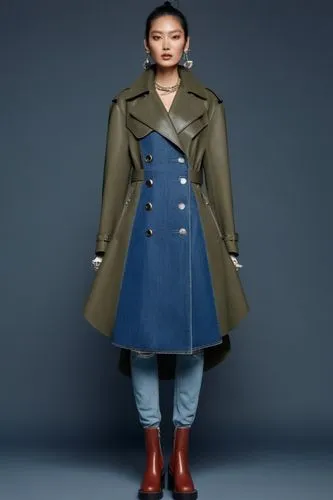 a fashion model wearing denim fabric  coat, leather leggins and chelsea boots ,a woman is wearing a peacoat and jeans,overcoats,trenchcoat,overcoat,peacoat,coat color,coat,long coat,manteau,greatcoat,