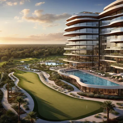Two 14 stories, solor glass, renewable energies,  triangular outer buildings, one separate 14 stories octagonal center building, three pools, one rooftop deck pool, balconies on one building, golf cou