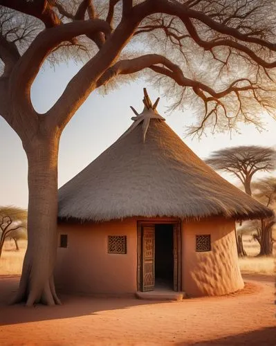 Ancient African architecture, majestic Mudhif hut, intricately woven thatched roof, earthy brown adobe walls, ornate wooden door, vibrant colorful patterns, geometric shapes, bold tribal markings, sun