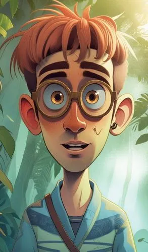a man in glasses standing next to some trees,cute cartoon character,newt,rowan,kids illustration,digital painting,storybook character