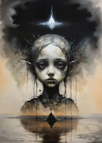 expand in each direction, charcoal painting, liquid, canvas. stain melting, smoke thunder spade lightning, india third eye chakra Hinduism shades, bottom tempest water mirror reflection,a painting sho