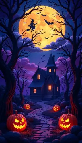 halloween wallpaper,
Create a terrifying yet vibrant Halloween scene for an iPhone wallpaper. Include a glowing full moon illuminating a twisted, haunted forest, with dark trees that have eerie, conto