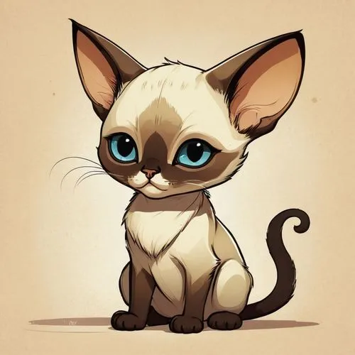 A Siamese cat baby,a small white cat with blue eyes sitting on a brown floor,cute cartoon character,moggie,cartoon cat,little cat,blossom kitten,breed cat,grumpiness,cute cartoon image,doll cat,cute c
