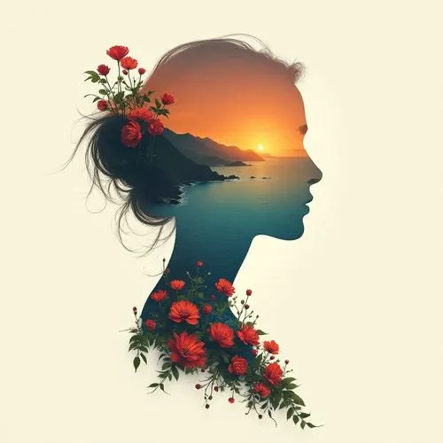 Create an artistic double exposure image. Use the profile silhouette of a woman's head and neck. Fill this silhouette with a vibrant painting of a coastal landscape at sunset, including mountains, blu