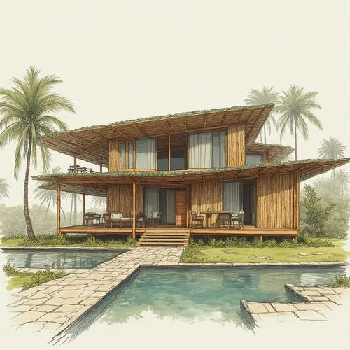 An architectural sheet that shows different perspectives of the two-level house, the architecture of this house will be of a country type between the ancient and the modern, it will be located on the 