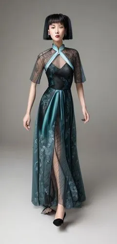 dark teal embroidered cheongsam-style gown with a split in the center of the skirt and mesh layers,asian costume,dress doll,doll figure,doll dress,female doll,cloth doll,dress form,japanese doll,artic