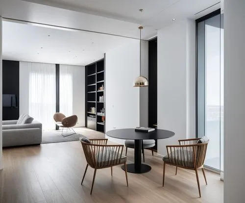 An ethereal photograph, A detailed, serene oil painting: In a contemporary, minimalist house, the white exterior contrasts with a monochromatic black wood deck. Blacksofa and Ethnic carpet. Modern min