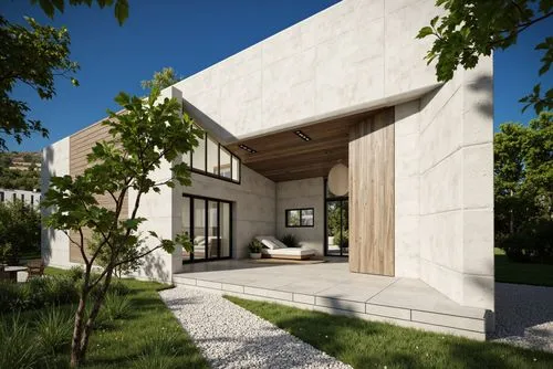 A photo-realistic shoot from a bird's eye view about a modern, minimalist house with a concrete exterior and a tiled walkway. the image also shows a clear blue sky and lush greenery surrounding the ho