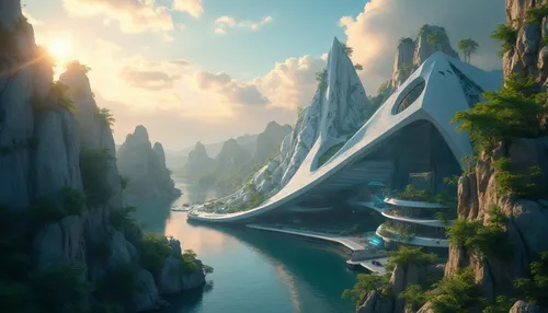 an artistic view of a futuristic mountaintop city by the water,futuristic landscape,dragon bridge,fantasy landscape,adventure bridge,canyon,futuristic architecture,citadels,imperial shores,mountainous