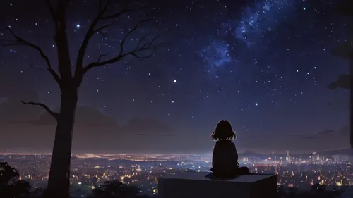 High resolution 8K, no, bright light, Octan, sky, star (sky), view, starry sky, nighttime, 1 girl, nighttime sky, alone, outdoor, signature, building, Cloud, galaxy, sit, tree, long hair, city, Silhou