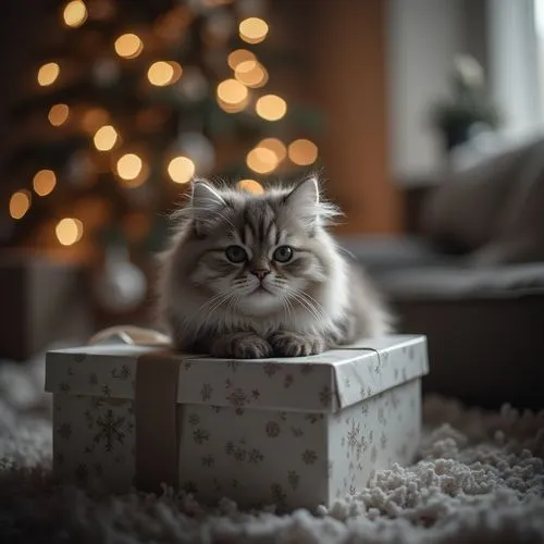 A magical Christmas wallpaper featuring cozy interior, styled with monochrome tones, evoking a festive and cheerful atmosphere. a fluffy cat climbed into a gift box,a small cat laying on top of a whit