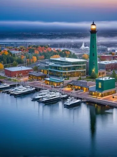 Duluth MN, Lake Superior waterfront, modern architecture, angular building, glass facade, steel structure, urban landscape, cityscape, Aerial view, bird's eye perspective, morning mist, soft lighting,