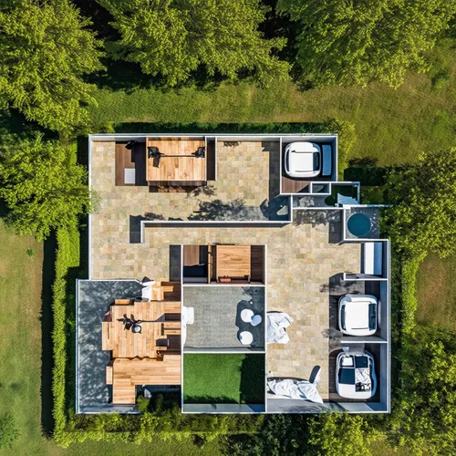 Vivienda de dos dormitorios con baño en suite, living, cocina comedor,an aerial view of a house surrounded by trees,drone image,bird's-eye view,view from above,aerial photography,from above,overhead v