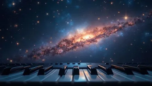 Piano keyboard. The cosmic dance of celestial, governed by the laws of physics , reveals the intricate workings of the universe , filled with enchanting energy .,a piano keyboard in front of a galaxy,