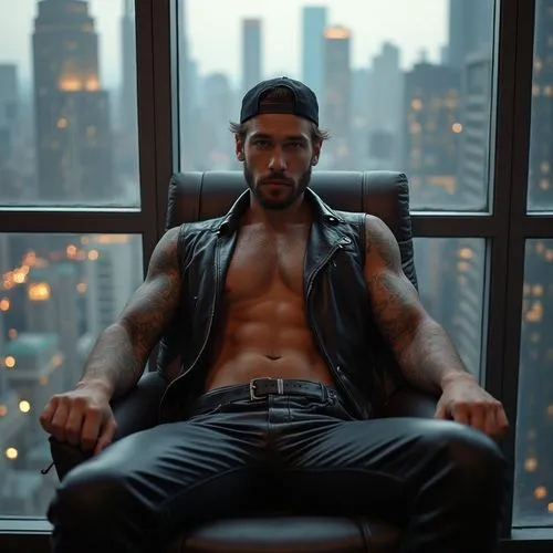 an insanely handsome man with powerful muscles who is an immortal werewolf, he looks to be 30 years old, wearing leather pants, a backwards baseball cap, sitting in a chair on the balcony of his apart