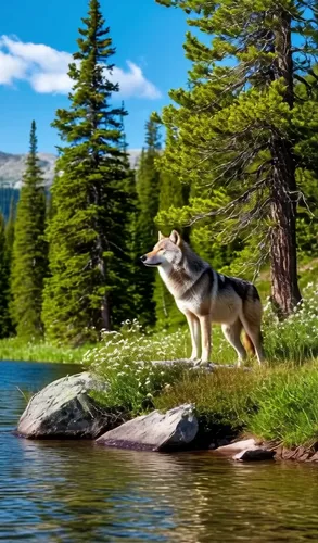 a wolf stands on the rocks next to water,husky,malamute,dog in the water,majestic nature,malamutes,huskies